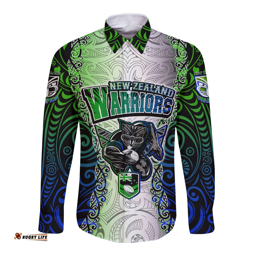 Personalised New Zealand Warriors Long Sleeve Button Shirt Maori Silver Fern Green