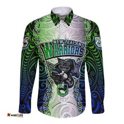 Personalised New Zealand Warriors Long Sleeve Button Shirt Maori Silver Fern Green