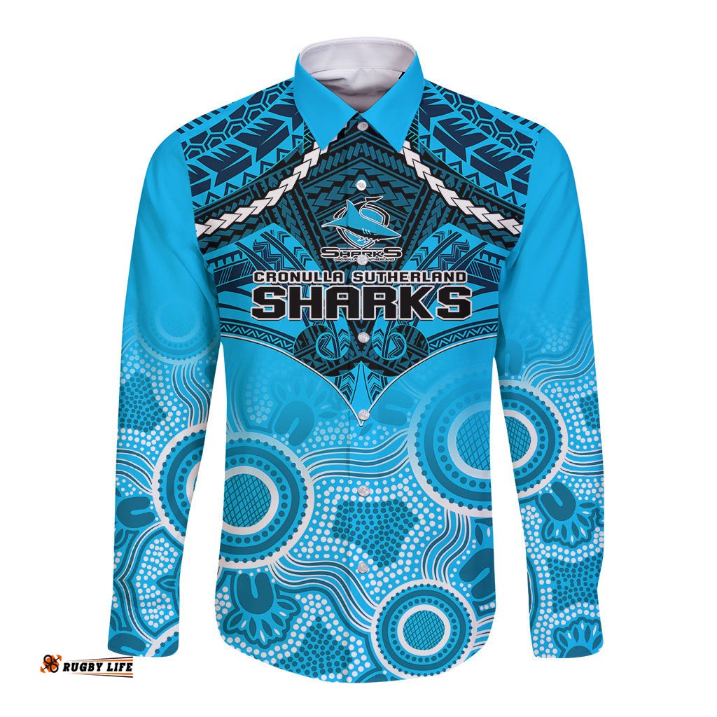 Sharks Rugby Long Sleeve Button Shirt Go Sharkies Aboriginal Mix Polynesian Pattern
