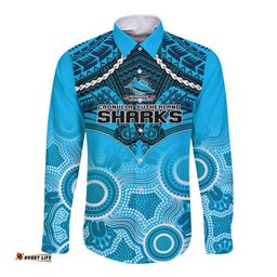 Sharks Rugby Long Sleeve Button Shirt Go Sharkies Aboriginal Mix Polynesian Pattern