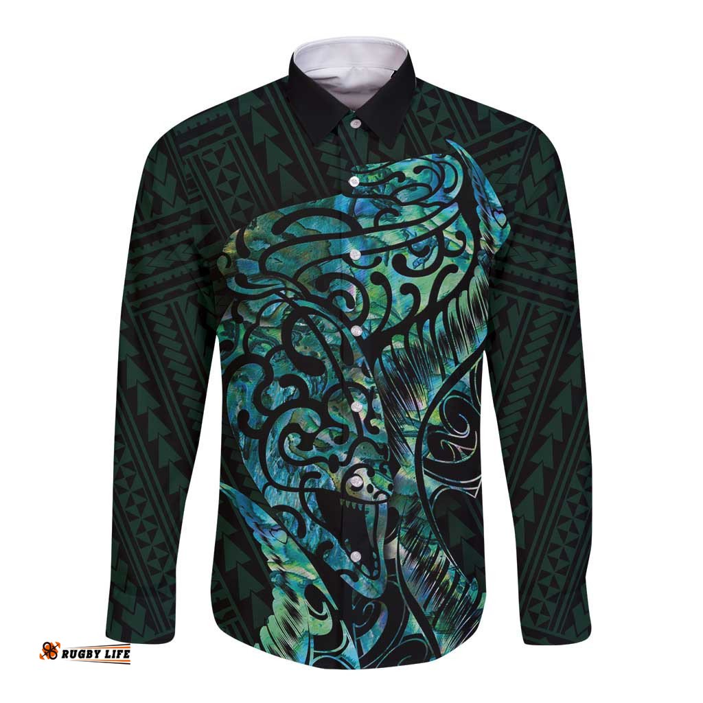 New Zealand Eel Long Sleeve Button Shirt Tuna Aotearoa Maori With Paua Shell Turquoise