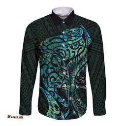 New Zealand Eel Long Sleeve Button Shirt Tuna Aotearoa Maori With Paua Shell Turquoise