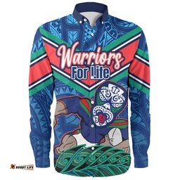 New Zealand Warriors Custom Long Sleeve Button Shirt - Warriors For Life With Aboriginal Style Long Sleeve Button Shirt