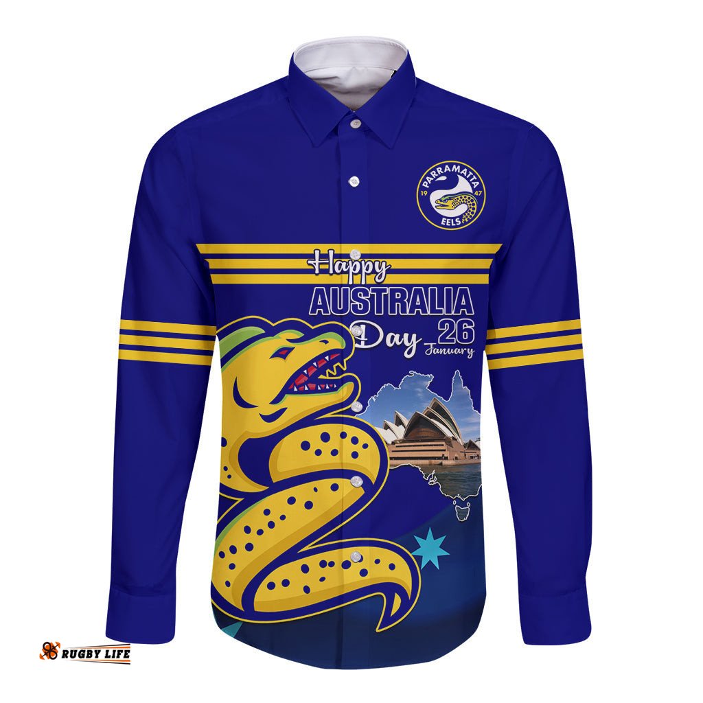 Custom Australia Day Eels Long Sleeve Button Shirt NRL 2024 Sydney Opera House With Map