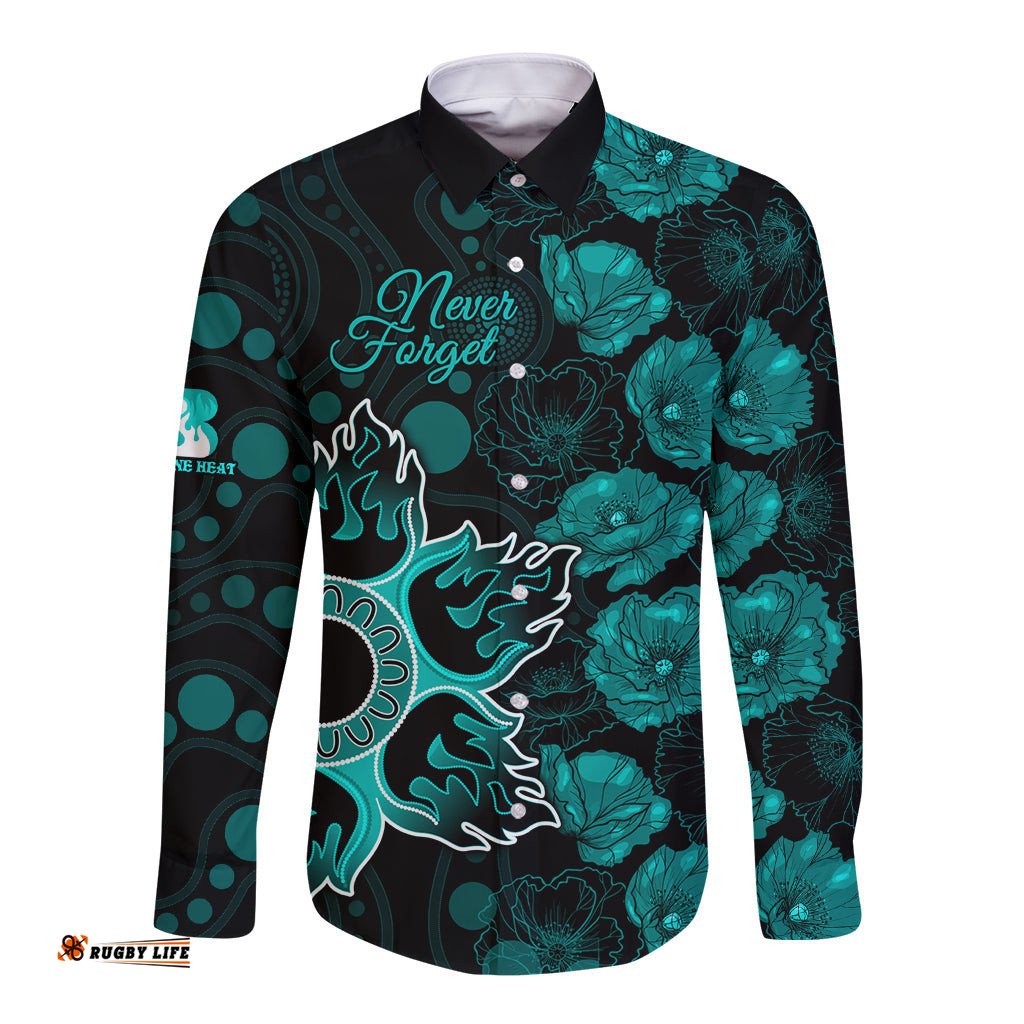 Heat Cricket Never Forget Custom Long Sleeve Button Shirt ANZAC Day with Poppy Aboriginal
