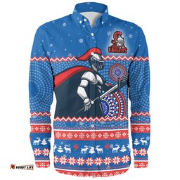 Newcastle Knights Christmas Custom Long Sleeve Button Shirt - Ugly Xmas And Aboriginal Patterns For Die Hard Fan Long Sleeve Button Shirt
