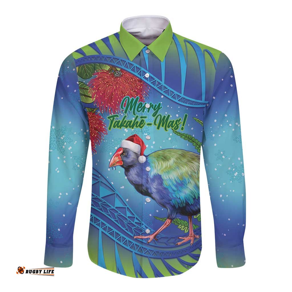 New Zealand Takahe Christmas Long Sleeve Button Shirt Maori Fern Mix Pohotukawa