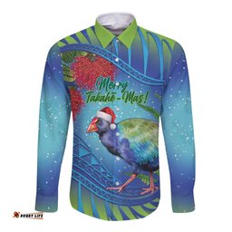 New Zealand Takahe Christmas Long Sleeve Button Shirt Maori Fern Mix Pohotukawa