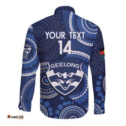 Custom AFL Geelong NAIDOC Week Long Sleeve Button Shirt Keep The Fire Burning Indigenous Art