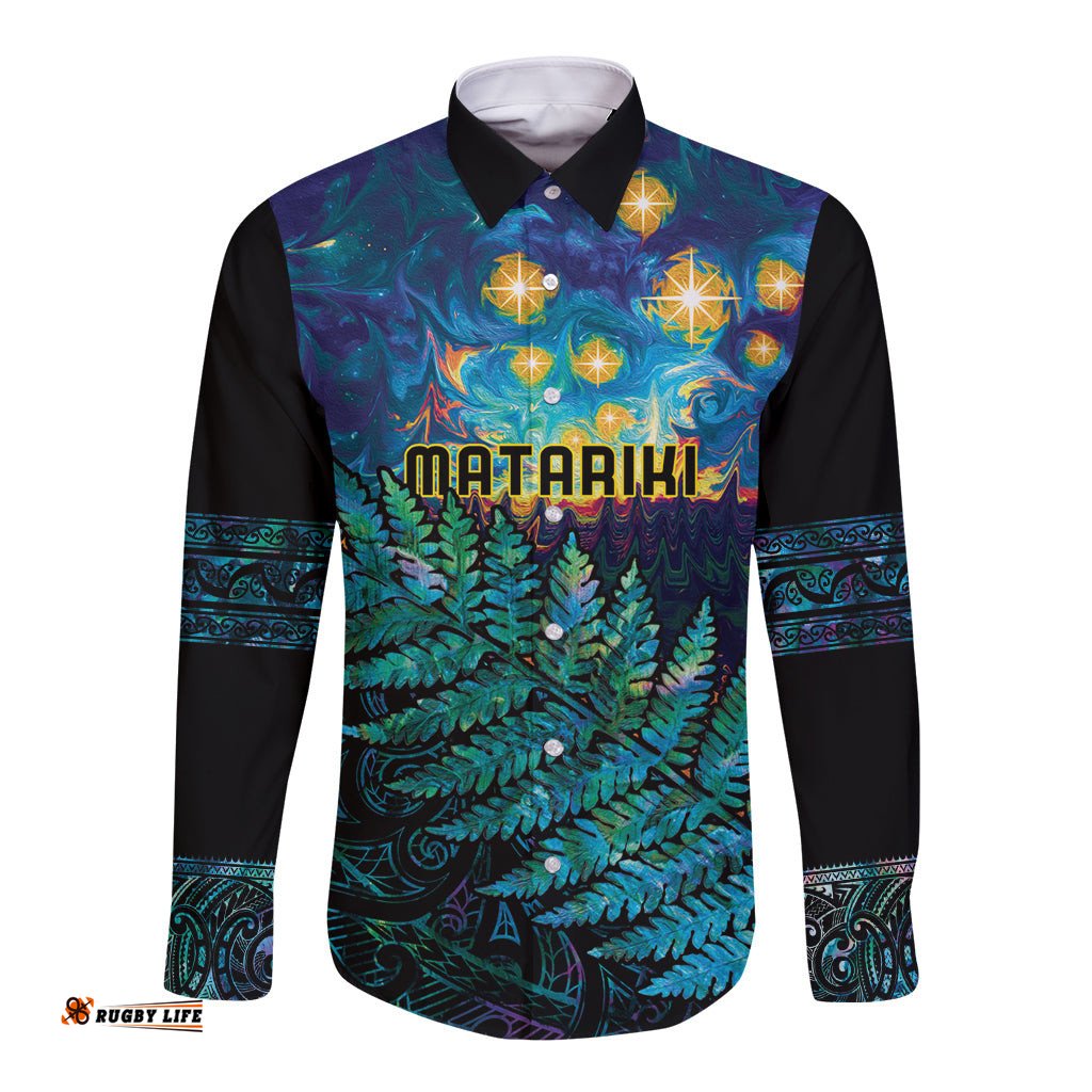 Matariki Te Tau Hou Maori Long Sleeve Button Shirt New Zealand Silver Fern Night Starry Sky