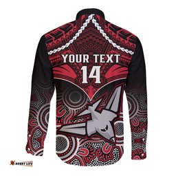 Personalised Essendon Football Long Sleeve Button Shirt Bombers Aboriginal Mix Polynesian Pattern