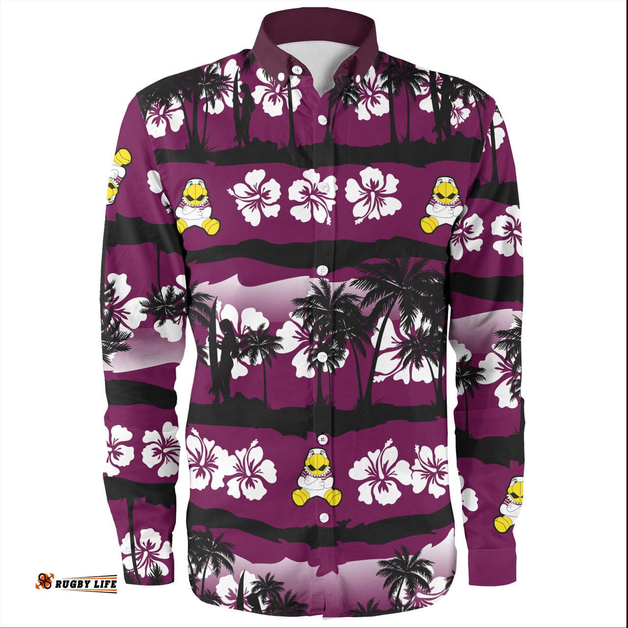 Manly Warringah Sea Eagles Long Sleeve Button Shirt - Tropical Hibiscus and Coconut Trees
