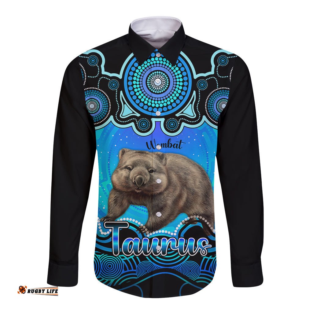 Personalised Australia Taurus Wombat Zodiac Long Sleeve Button Shirt Auz Astrology Aboriginal - Aqua