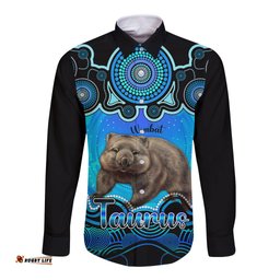 Personalised Australia Taurus Wombat Zodiac Long Sleeve Button Shirt Auz Astrology Aboriginal - Aqua