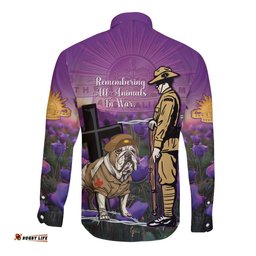 Australia Dog Heroes ANZAC Long Sleeve Button Shirt Remembering All Animals In War Purple Poppies