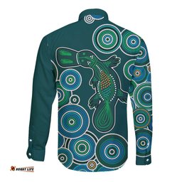 Green Platypus Aboriginal Art Long Sleeve Button Shirt