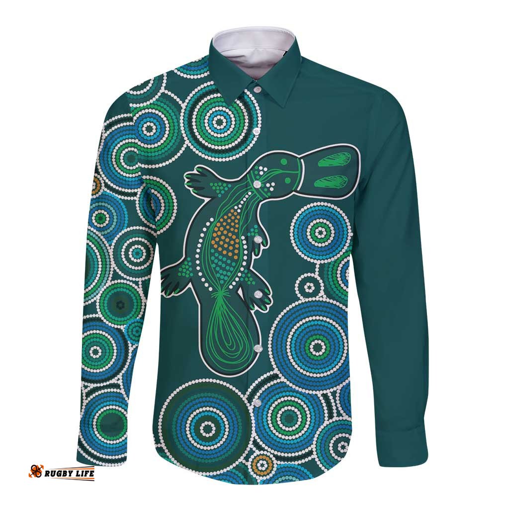 Green Platypus Aboriginal Art Long Sleeve Button Shirt