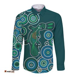 Green Platypus Aboriginal Art Long Sleeve Button Shirt