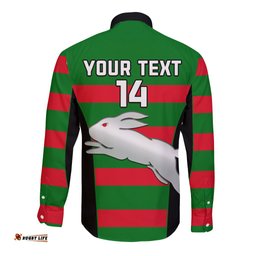 Custom Text And Number Rabbitohs Rugby Long Sleeve Button Shirt Go Souths 1908 Sporty Style Black