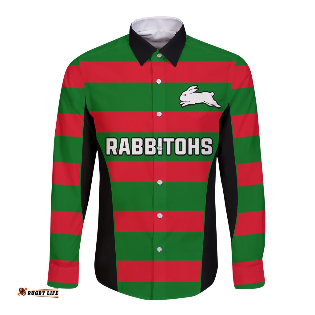 Custom Text And Number Rabbitohs Rugby Long Sleeve Button Shirt Go Souths 1908 Sporty Style Black