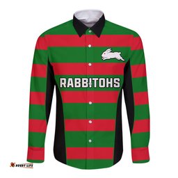 Custom Text And Number Rabbitohs Rugby Long Sleeve Button Shirt Go Souths 1908 Sporty Style Black