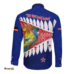 New Zealand Waitangi Day Long Sleeve Button Shirt NZ Maori Tui Bird With Kowhai Flowers