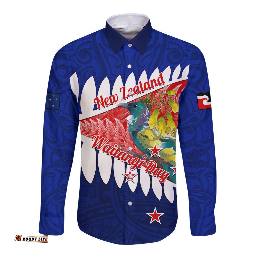 New Zealand Waitangi Day Long Sleeve Button Shirt NZ Maori Tui Bird With Kowhai Flowers