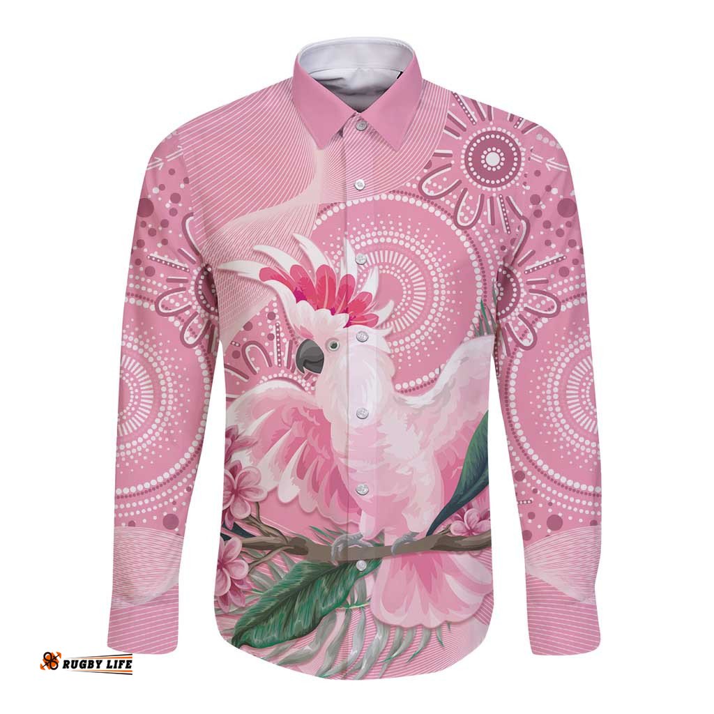 Pink Cockatoo Australia Long Sleeve Button Shirt Aussie Cacatua Leadbeateri - Aboriginal Art