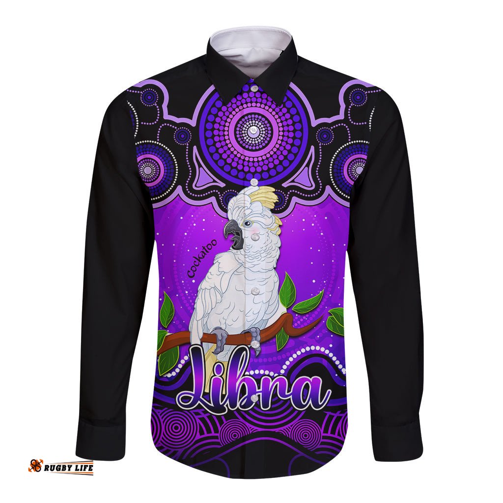 Personalised Australia Libra Cockatoo Zodiac Long Sleeve Button Shirt Auz Astrology Aboriginal Purple