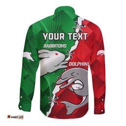 Custom Personalised Rabbitohs Mix Dolphins Rugby Long Sleeve Button Shirt Sporty Style