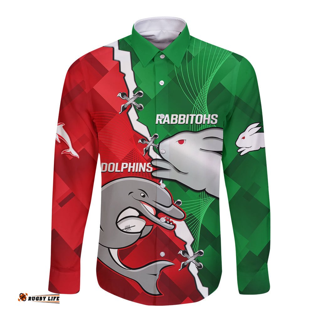 Custom Personalised Rabbitohs Mix Dolphins Rugby Long Sleeve Button Shirt Sporty Style