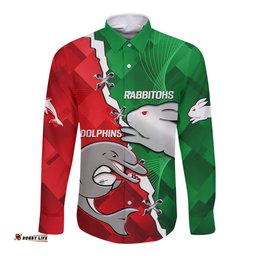 Custom Personalised Rabbitohs Mix Dolphins Rugby Long Sleeve Button Shirt Sporty Style