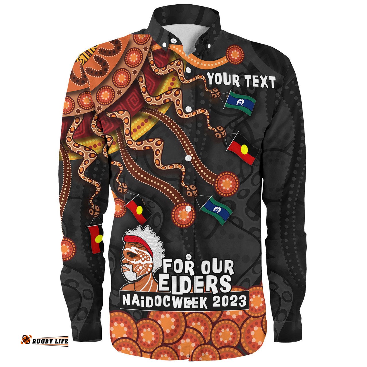 Australia Naidoc Week Long Sleeve Button Shirt - For Our Elders Naidoc Week Snake Aboriginal Painting With Flag