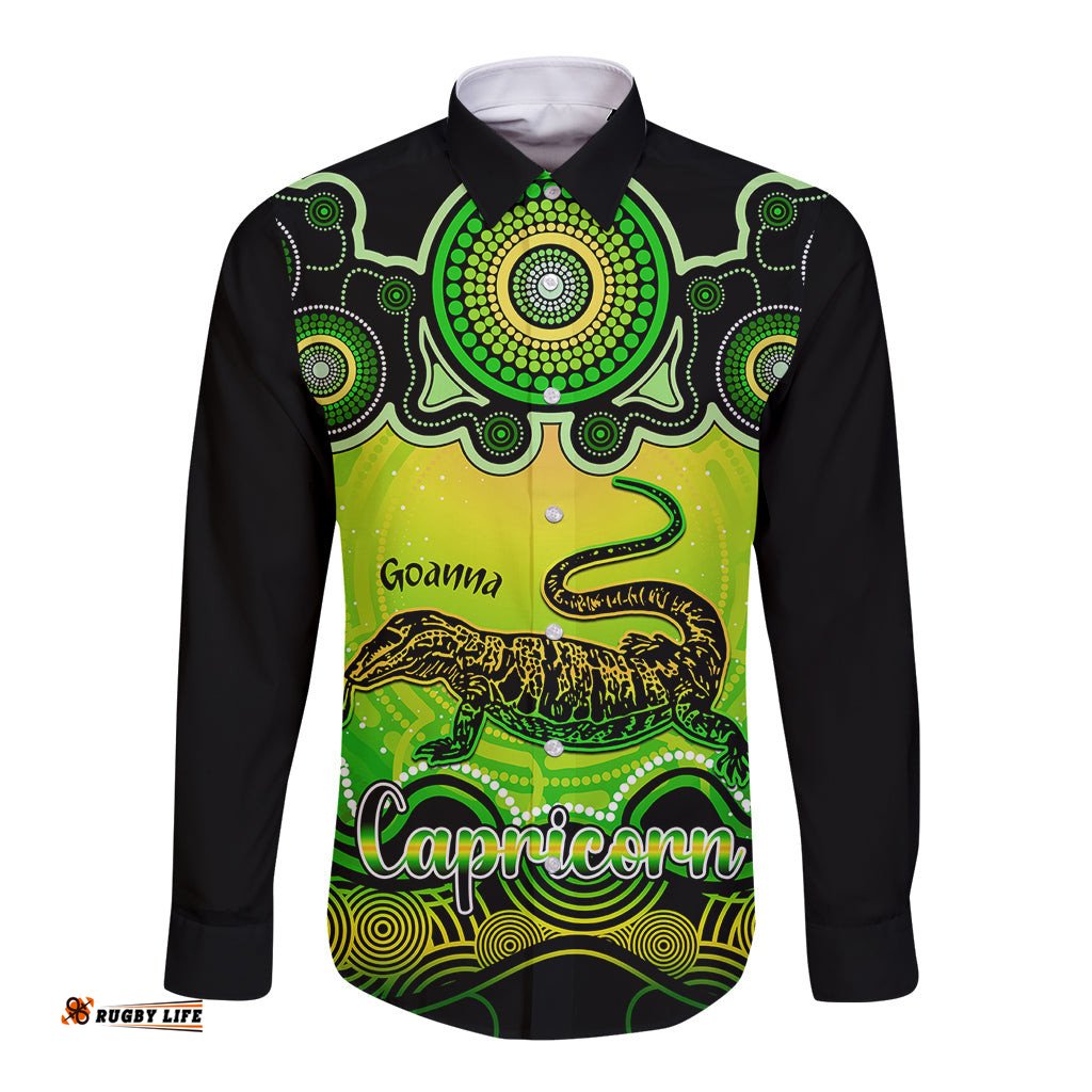 Personalised Australia Capricorn Goanna Zodiac Long Sleeve Button Shirt Auz Astrology Aboriginal Green