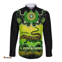 Personalised Australia Capricorn Goanna Zodiac Long Sleeve Button Shirt Auz Astrology Aboriginal Green