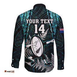 Custom New Zealand Silver Fern Rugby Long Sleeve Button Shirt Aotearoa All Black Dabbing Ball With Maori Paua Shell
