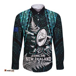 Custom New Zealand Silver Fern Rugby Long Sleeve Button Shirt Aotearoa All Black Dabbing Ball With Maori Paua Shell