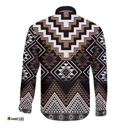 Brown Taniko Aotearoa Long Sleeve Button Shirt Niho Taniwha Mix Poutama
