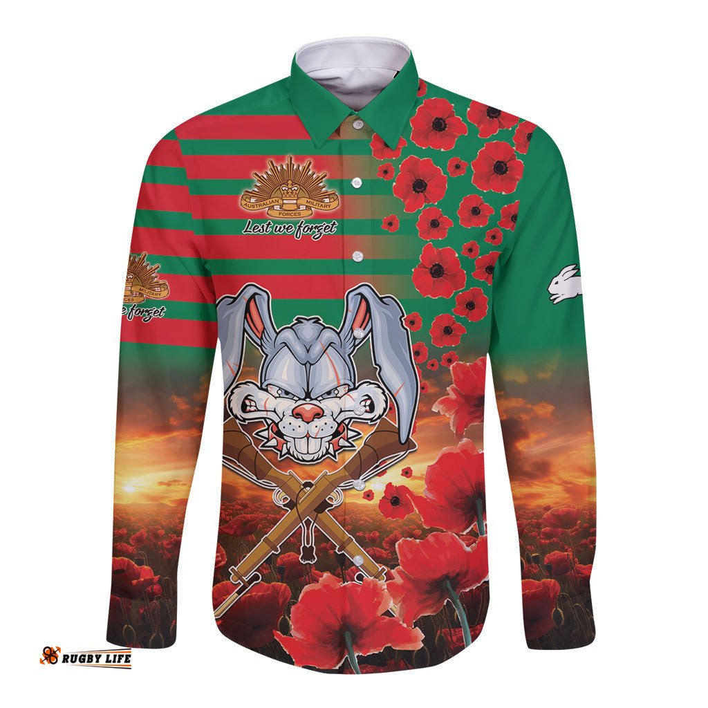 Personalised Rabbitohs Rugby ANZAC Long Sleeve Button Shirt Starry Night and Field of Poppies