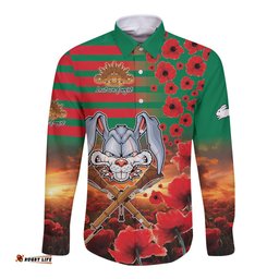 Personalised Rabbitohs Rugby ANZAC Long Sleeve Button Shirt Starry Night and Field of Poppies