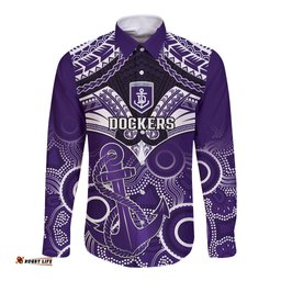 Personalised Dockers Football Long Sleeve Button Shirt Fremantle Aboriginal Mix Polynesian Pattern