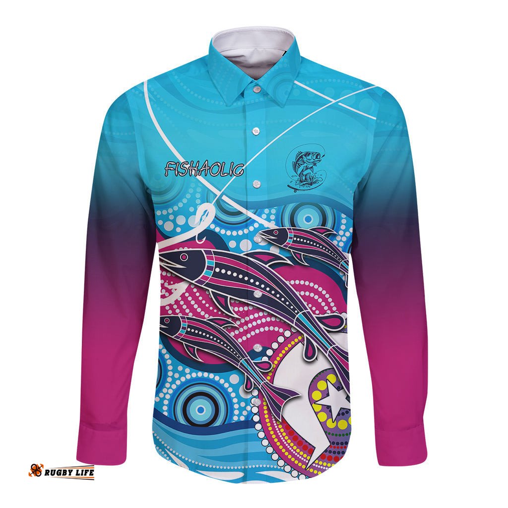 Australia Fishing Long Sleeve Button Shirt Fishaholic With The Dhari Symbol And Aboriginal Pattern