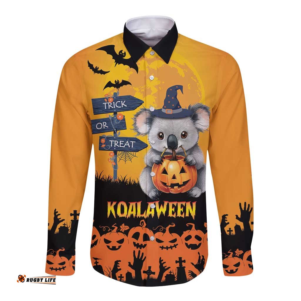 Happy Koalaween Long Sleeve Button Shirt Koala Ghost Trick or Treat