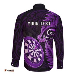 Personalised New Zealand Darts Long Sleeve Button Shirt Happiness Is A Tight Threesome Maori Purple