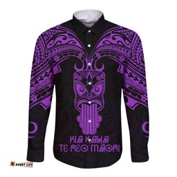 Personalised New Zealand Te Reo Maori Long Sleeve Button Shirt Kia Kaha Maori Language Week Purple Style