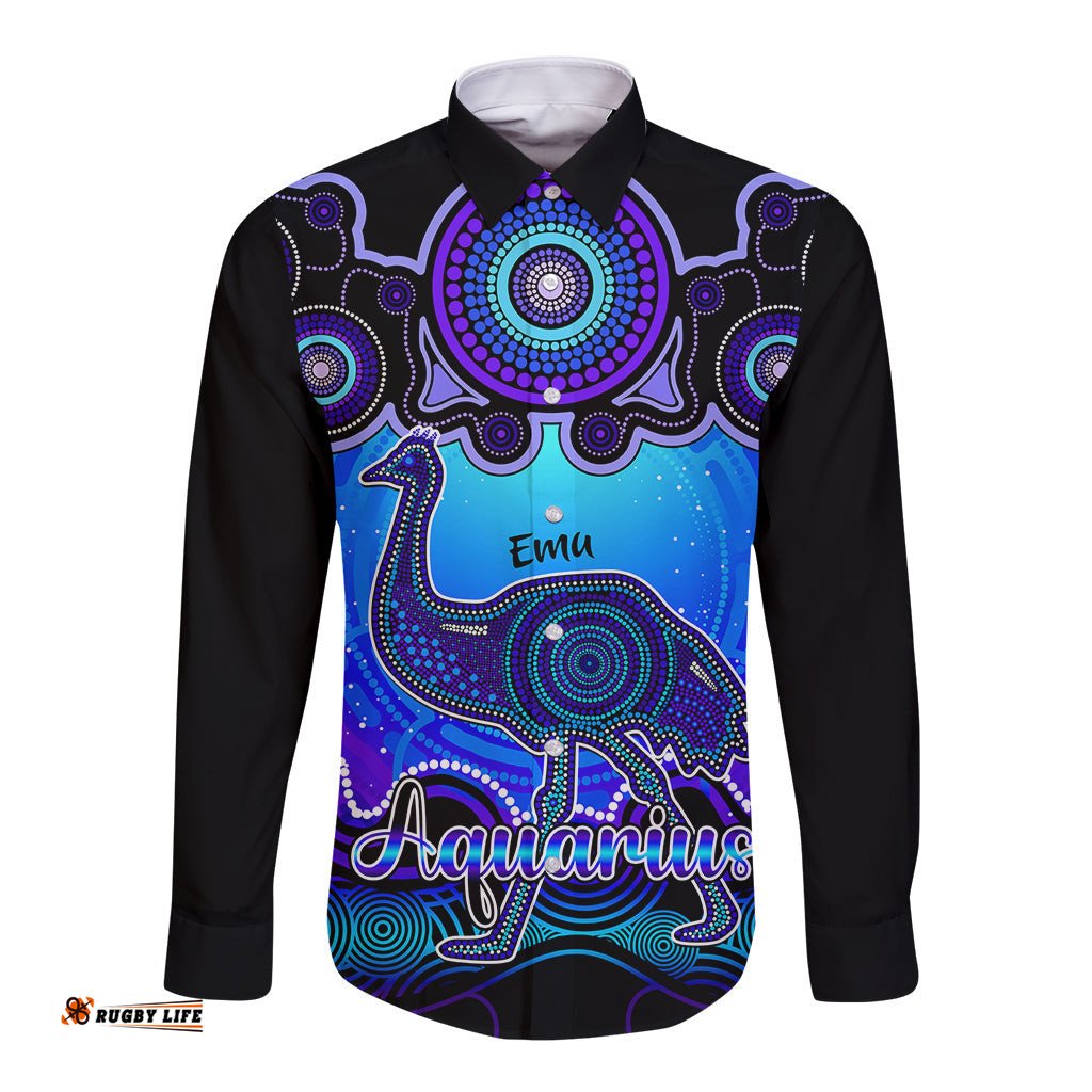 Personalised Australia Aquarius Emu Zodiac Long Sleeve Button Shirt Auz Astrology Aboriginal Blue