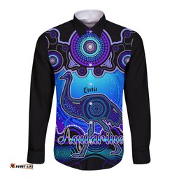 Personalised Australia Aquarius Emu Zodiac Long Sleeve Button Shirt Auz Astrology Aboriginal Blue