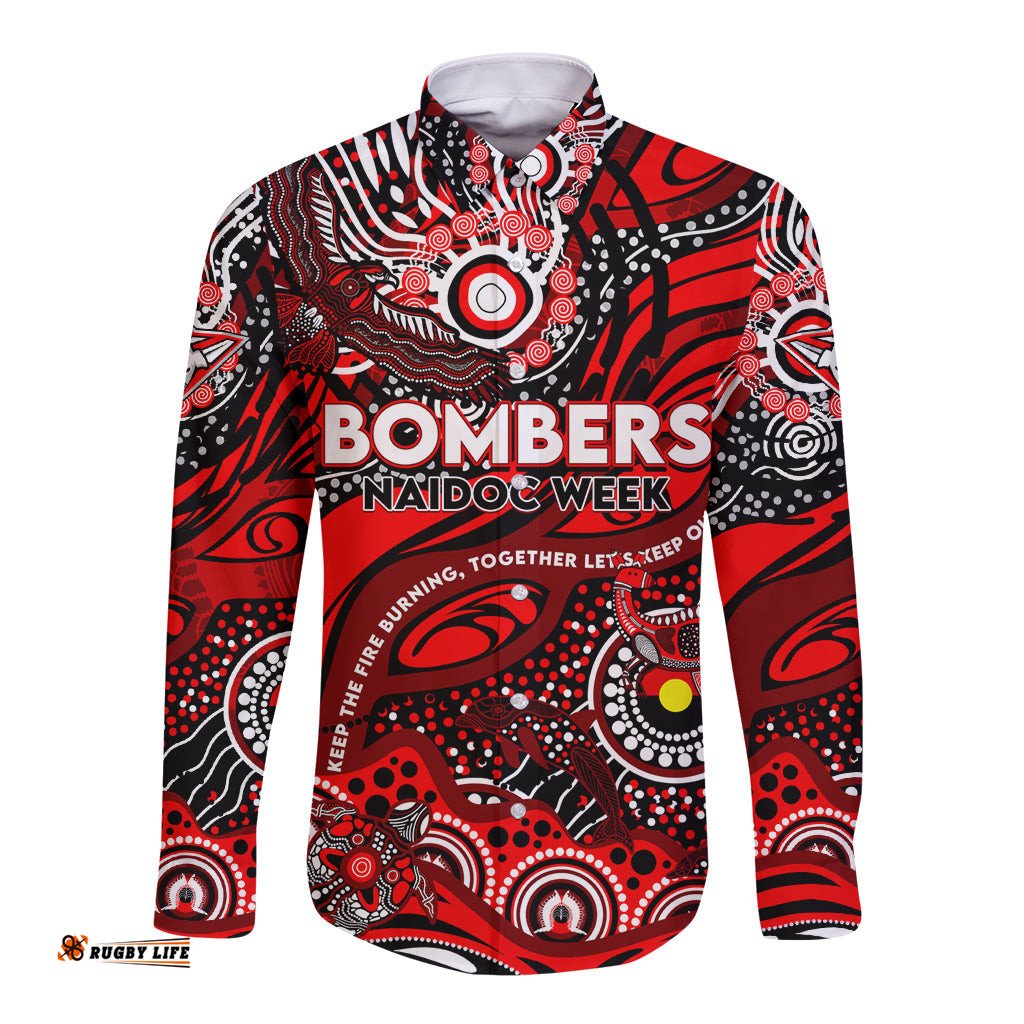 Custom NAIDOC Week 2024 Bombers Long Sleeve Button Shirt Aboriginal Animals Keep The Fire Burning
