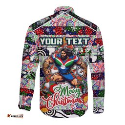 Custom New Zealand Warriors Rugby Merry Christmas Long Sleeve Button Shirt Indigenous Australian Art