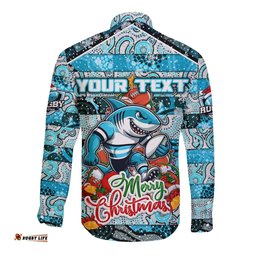 Custom Sharks Rugby Merry Christmas Long Sleeve Button Shirt Indigenous Australian Art